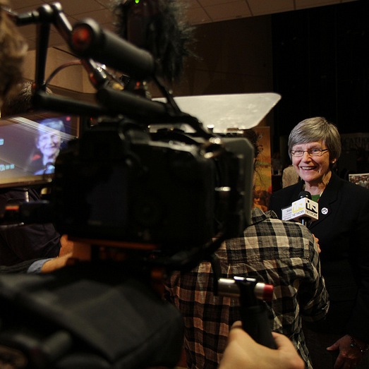 Sr. Simone Campbell being interviewed during the 2012 Ignatian Family Teach-In for Justice
