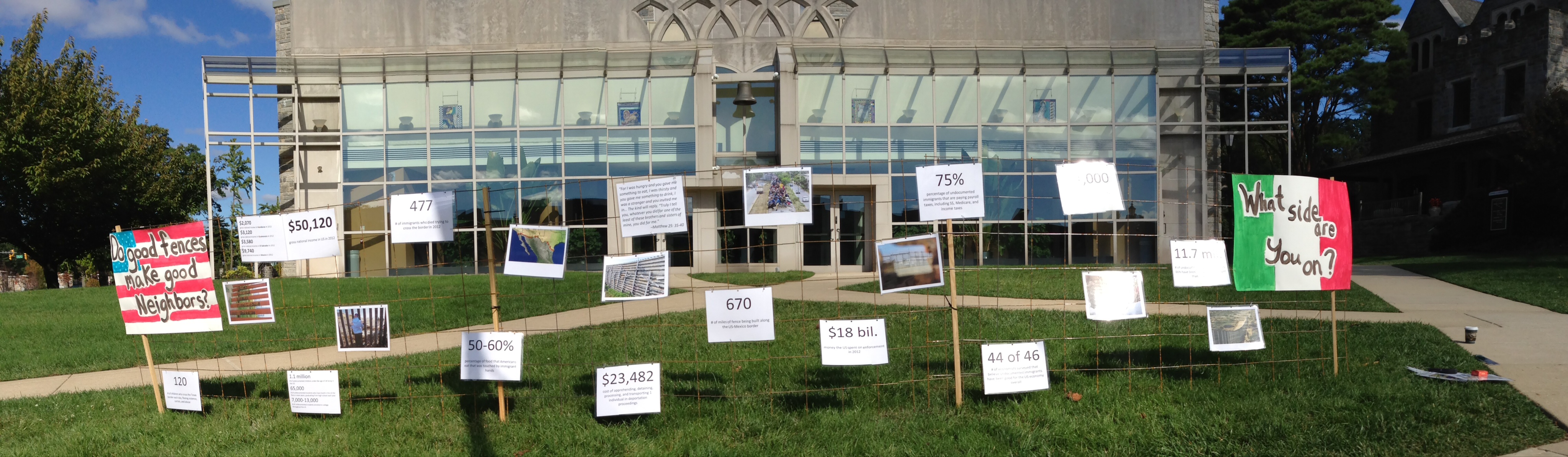 Students at St. Joseph's University built a fence in the middle of their campus as a symbol of the division caused by our current immigration policy. The fence features images and statistics related to the immigration debate. 