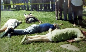 Crime scene photos from November 16, 1989 show the Jesuits bodies on the lawn outside the Jesuit residence in San Salvador