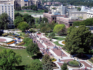 Creighton University's central plaza lined with trees.