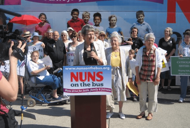 Sr. Simone Campbell and fellow nuns speak in Cleveland, Ohio, during the 2012 Nuns on the Bus tour.