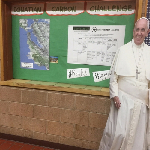 Promotional display highlight the Ignatian Carbon Challenge at Presentation High School in San Jose, CA.